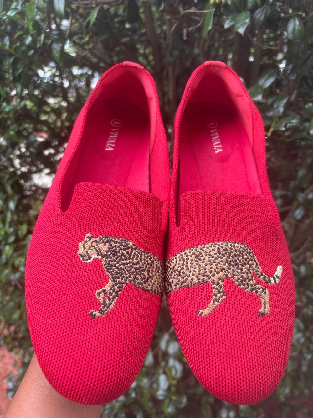 Women’s Red Slip-On Loafers with Leopard Embroidery